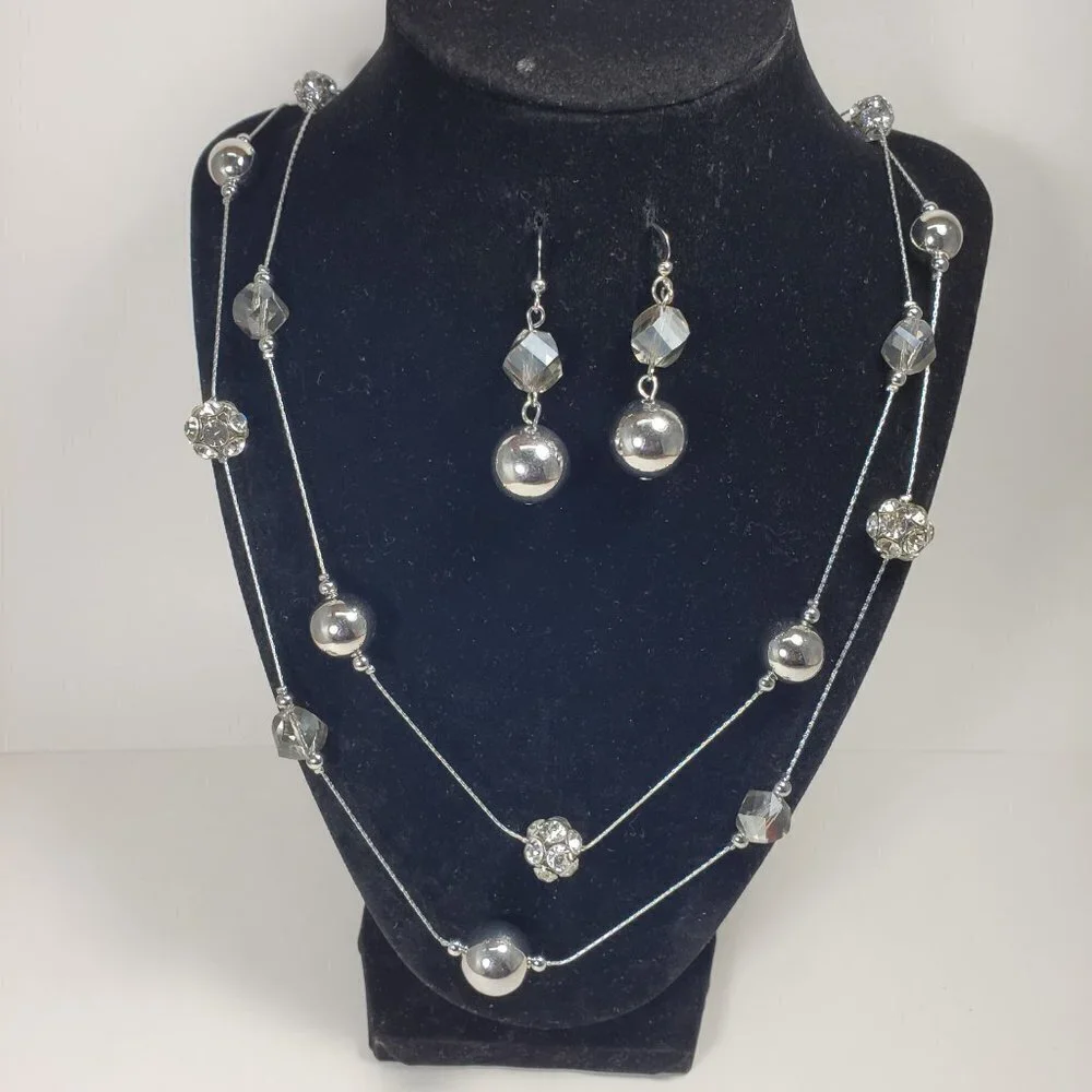 Layered Shimmering Silver-tone Crystal Ball Beaded Necklace & Matching Earrings